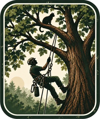 Jim’s Tree Cat Rescue logo: a climber in a helmet and harness ascending a big oak toward a cat on a branch